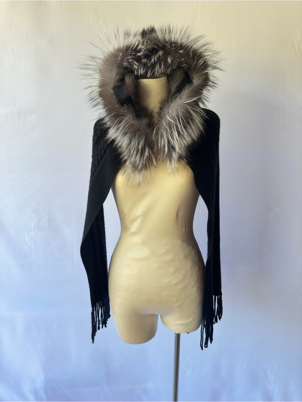 Vintage W by Worth Black Cashmere Hooded Shrug with Removable Fur Trim